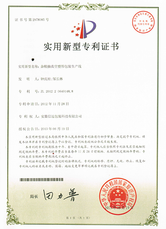 Patent for Grain Vacuum Packing